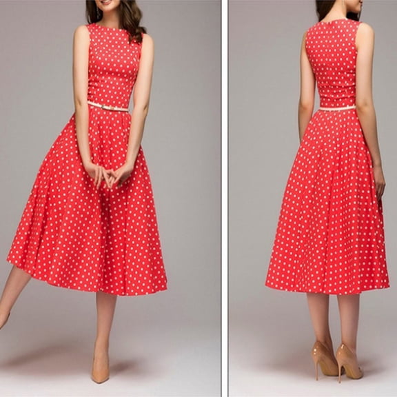 ZEHJUHAN Women's Retro Polka Dot Swing 1950s Inspired Sleeveless A-Line Cocktail Dress for Summer Parties Red，S