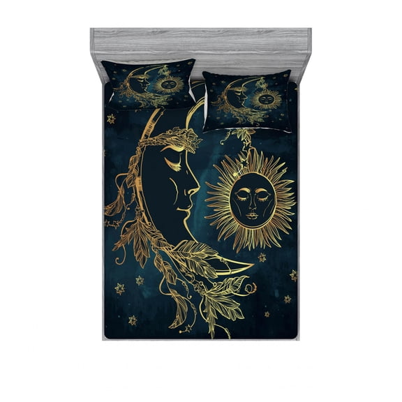 Psychedelic Fitted Sheet & Pillow Sham Set, Crescent Moon with Boho Feathers Alchemy Magic Egyptian Myth Design, Decorative Printed 3 Piece Bedding Decor Set, Full, Petrol Blue, by Ambesonne