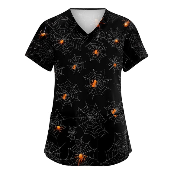 Halloween Women's Scrubs Premium Vintage Nurse Working Uniforms Fashion V-Neck Halloween Party Graphic Side Slits Scrub Tops Ultra Soft Short Sleeve Tees Blouse with Pockets Black 4XL