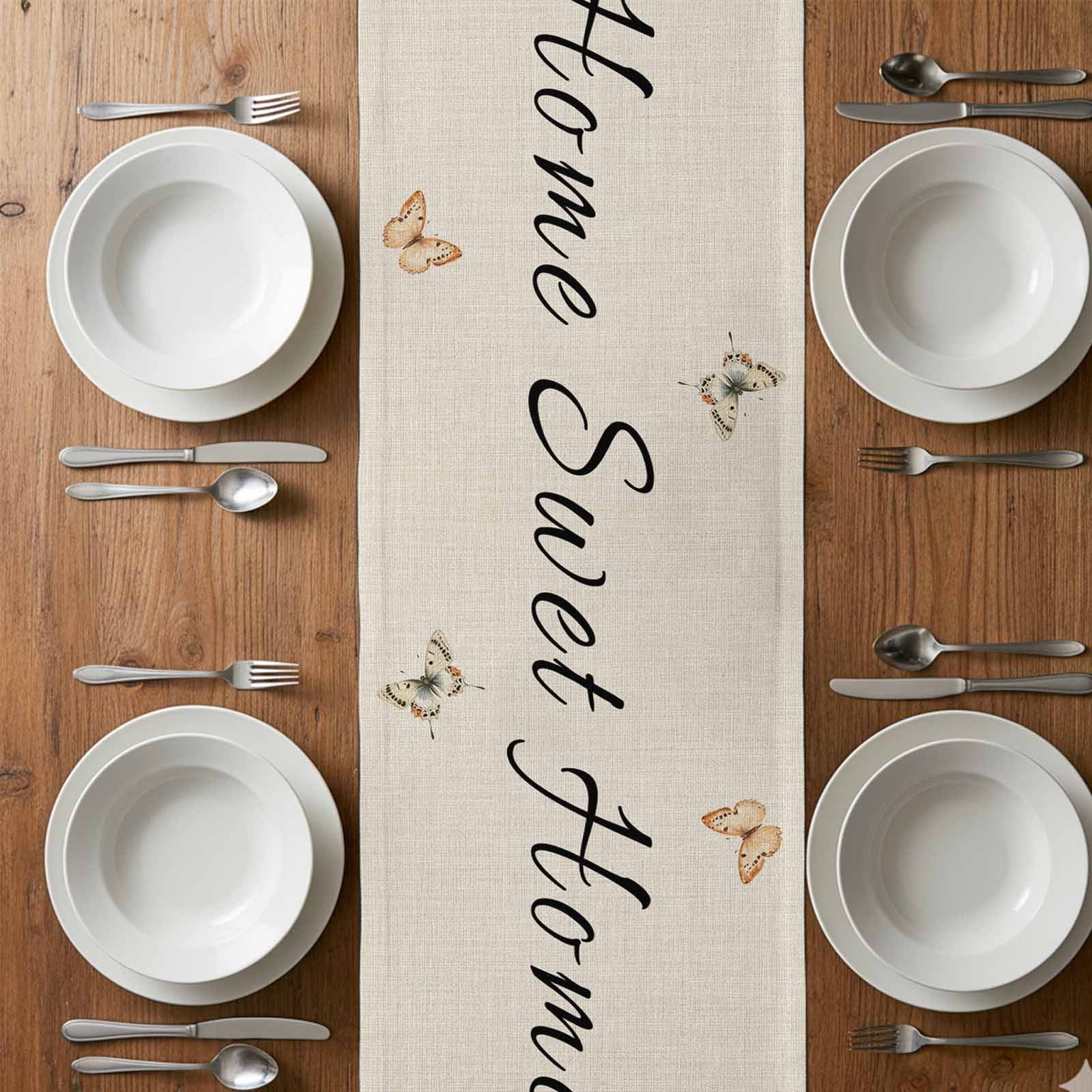 Home Sweet Home Cotton Linen Table Runner Watercolor Spring White Yellow Floral Butterfly Linen Texture Dining Table Runners for Home Decor Party Dining Room Restaurant Kitchen 13" x 108"