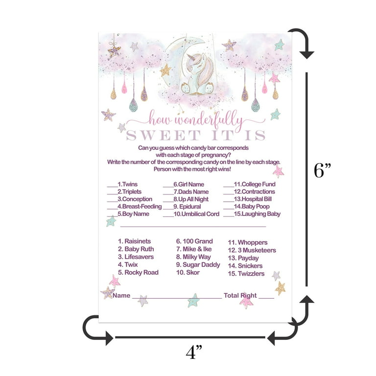 Unicorn Baby Shower Candy Guessing Game Pack of 25 Guess Stages of Pregnancy Funny Activity Cards Whimsical Star Moon Rainbow Theme 4x6 Paper Clever