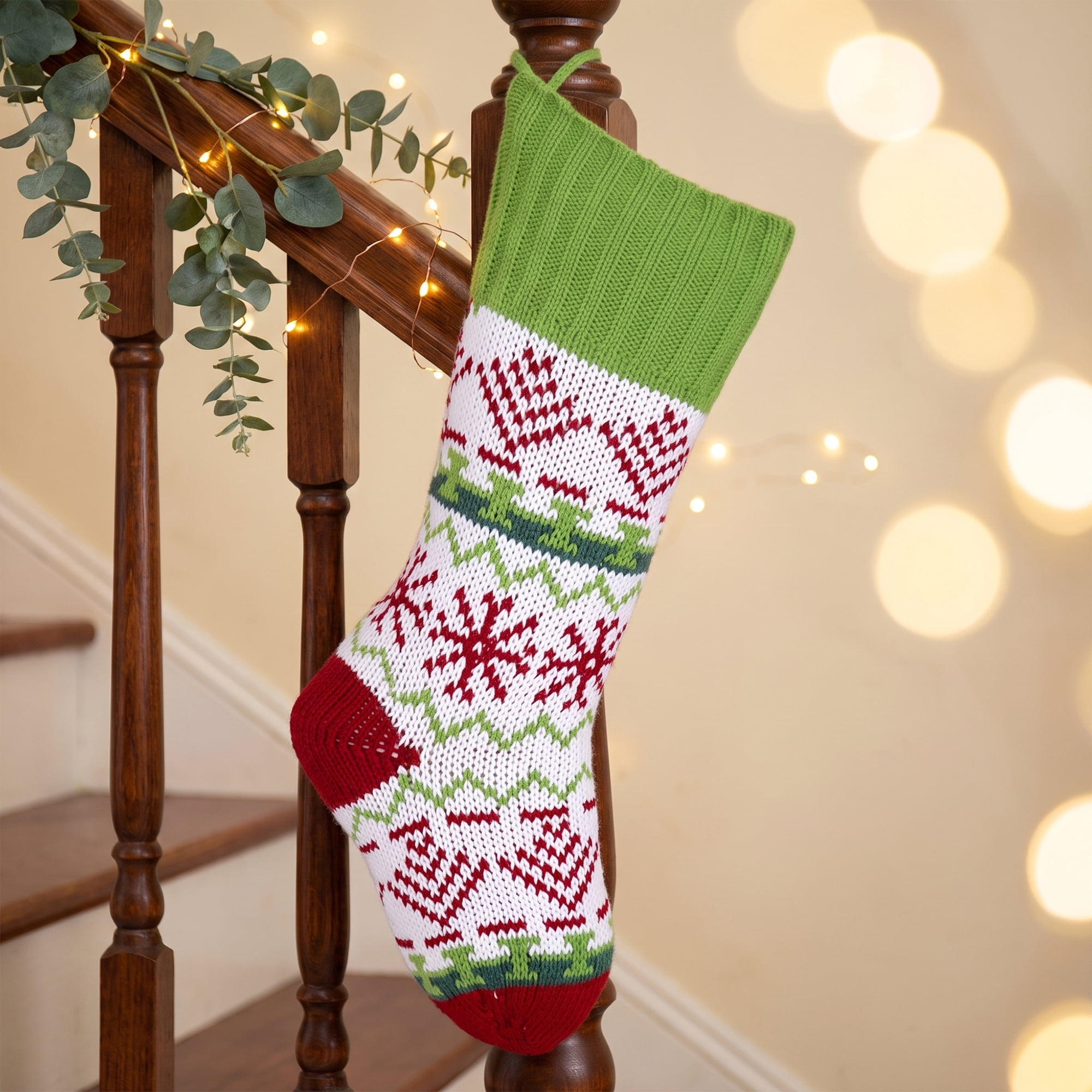 Unique Bargains Holiday Christmas Double Layer Knitted Motif Stocking Green 20"