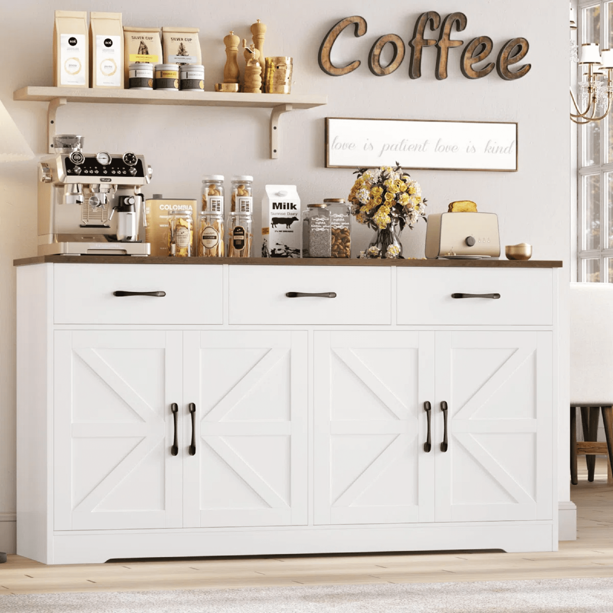 Homfa 59"W Farmhouse Kitchen Sideboard Credenza, Lengthen Storage Cabinet for Dining Room, 4-Doors 3-Drawer Wood Buffet with Adjustable Shelves, White