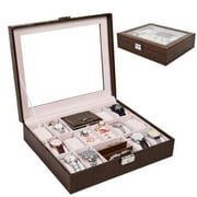 12 Grid Watch Box Glass Top Display Jewelry Organizer Storage Case PU Leather Coffeee