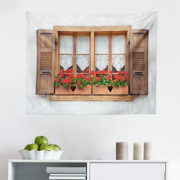 Country Tapestry, Graphic Illustration of Wooden Window Shutters Traditional Style Antique Bohemian, Fabric Wall Hanging Decor for Bedroom Living Room Dorm, 2 Sizes, Grey White, by Ambesonne