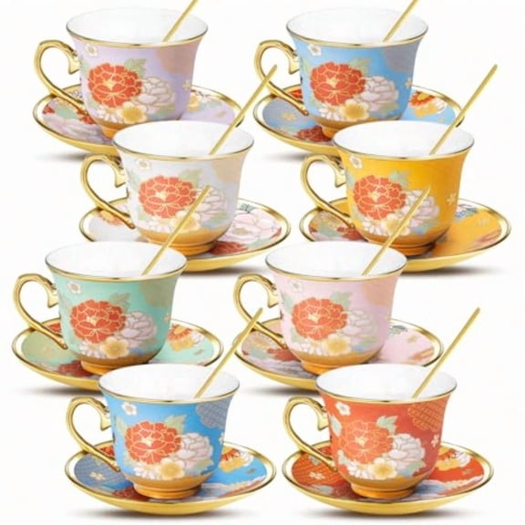 8 Set Tea Cups and Saucers 8 OZ Floral Porcelain Cup and Saucers Set for Latte Cappuccino Espro Mocha Afternoon Tea Birthday Wedding Party ply Housewarming Women Gift