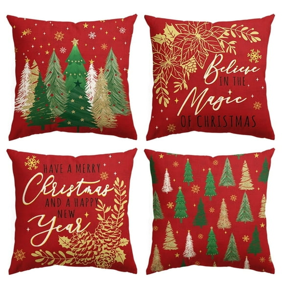 Sm:)e Believe Happy New Year Christmas Pillow Cover Set of 4, 18x18 Inch, Red