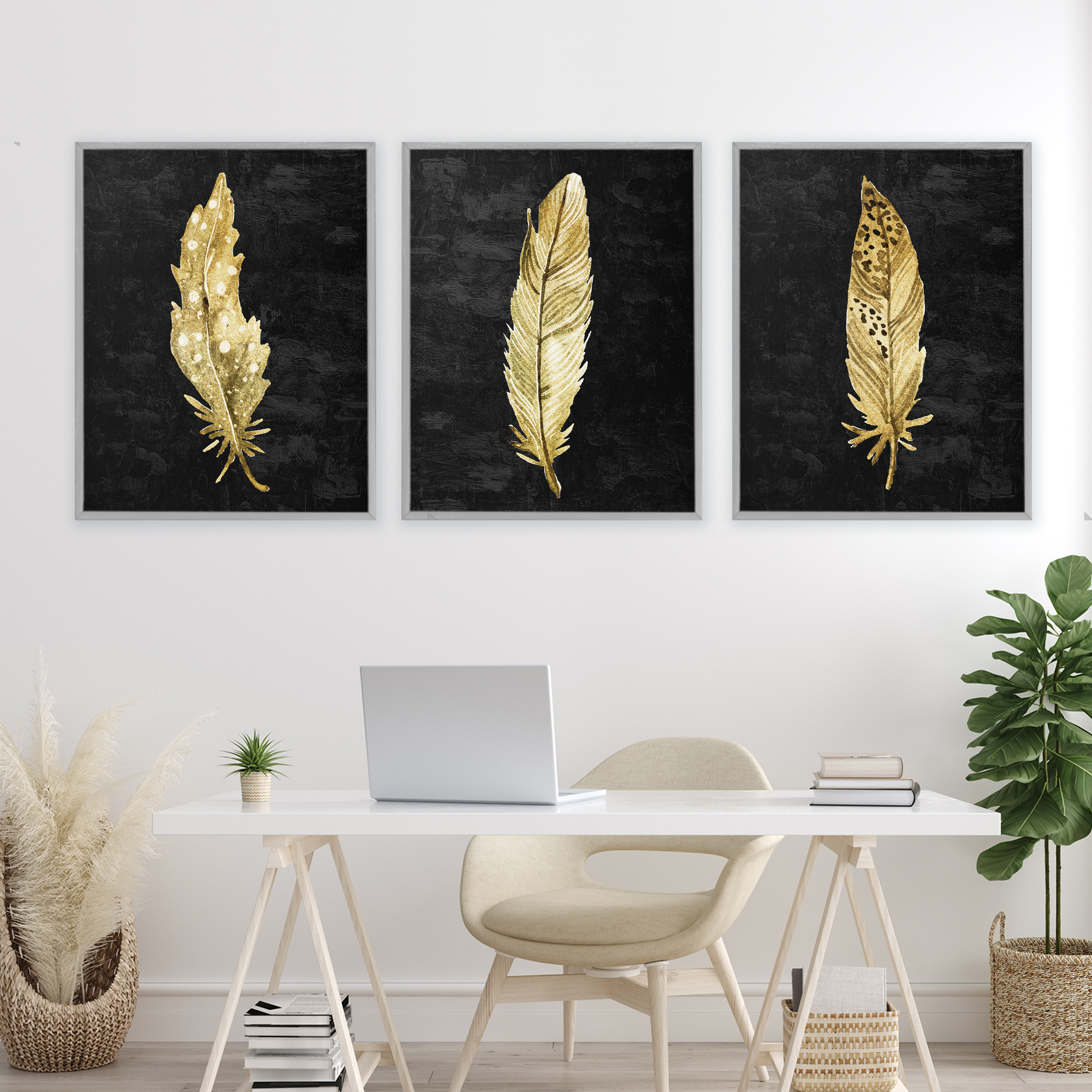 Black & Gold Feathers 3 Piece Gray Framed Giclee Art Set, design by Kim Allen