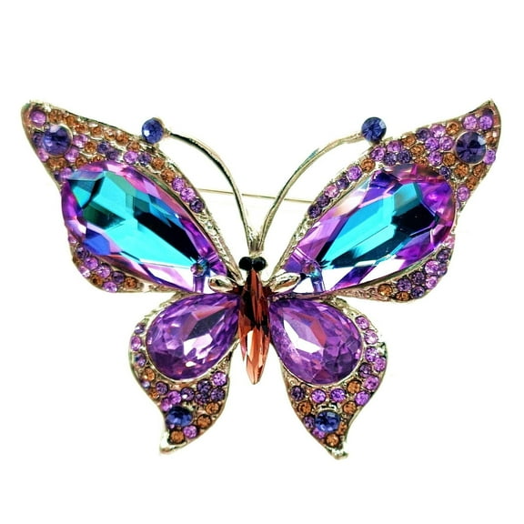 Stunning Big Purple Rhinestone Butterfly Brooch Pin with Color Crystal Accent