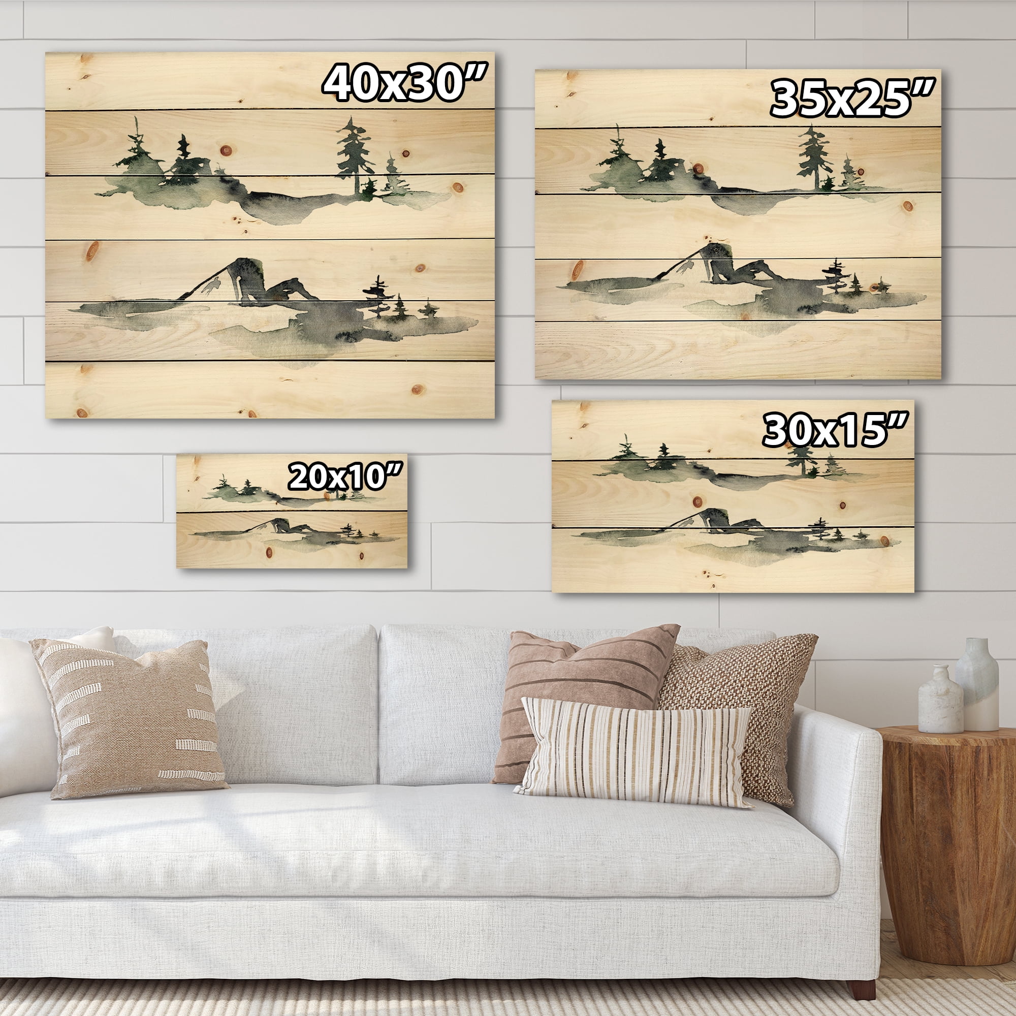 Designart 'Trees With Winter Dark Blue Mountain Landscape I' Modern Print on Natural Pine Wood