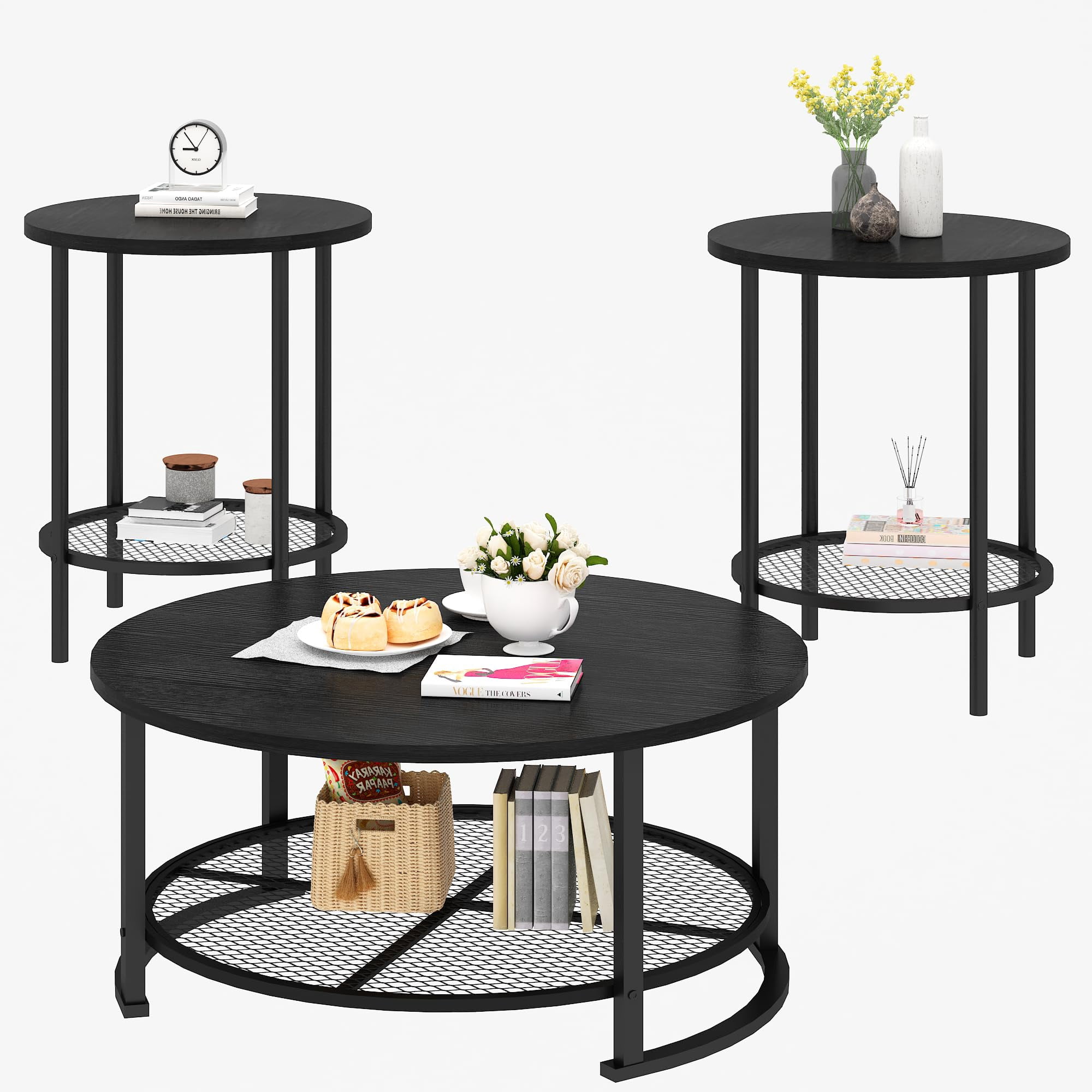 MOOSENG Coffee Table Set of 3, Industrial Vintage Wood Coffee Table with 2 Round End Side Tables, Easy Assembly Living Room Table Set for Offices, Living Rooms and Apartments, Black