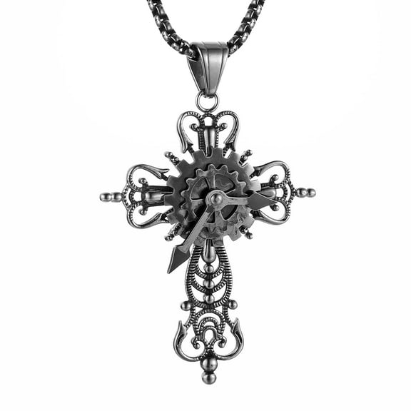 HZMAN Silver Cross Necklace for Men Stainless Steel Turntable Gear Steampunk Style Cross Pendant Faith Religious Gift