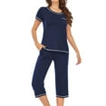 thumbnail image 2 of successthop Womens Matching Lounge Set with Pants Solid Color Crewneck Short Sleeve Shirts and Capris Pants Basic Travel Pajamas Lounge Set Loungewear Summer Outfits, 2 of 5