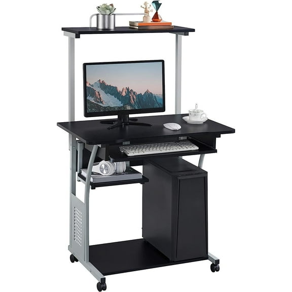 Bilot 3 Tier Computer Desk with Printer Shelf and Keyboard Tray, Home Office Desk Computer Workstation Rolling Study PC Laptop Table for Small Spaces Black