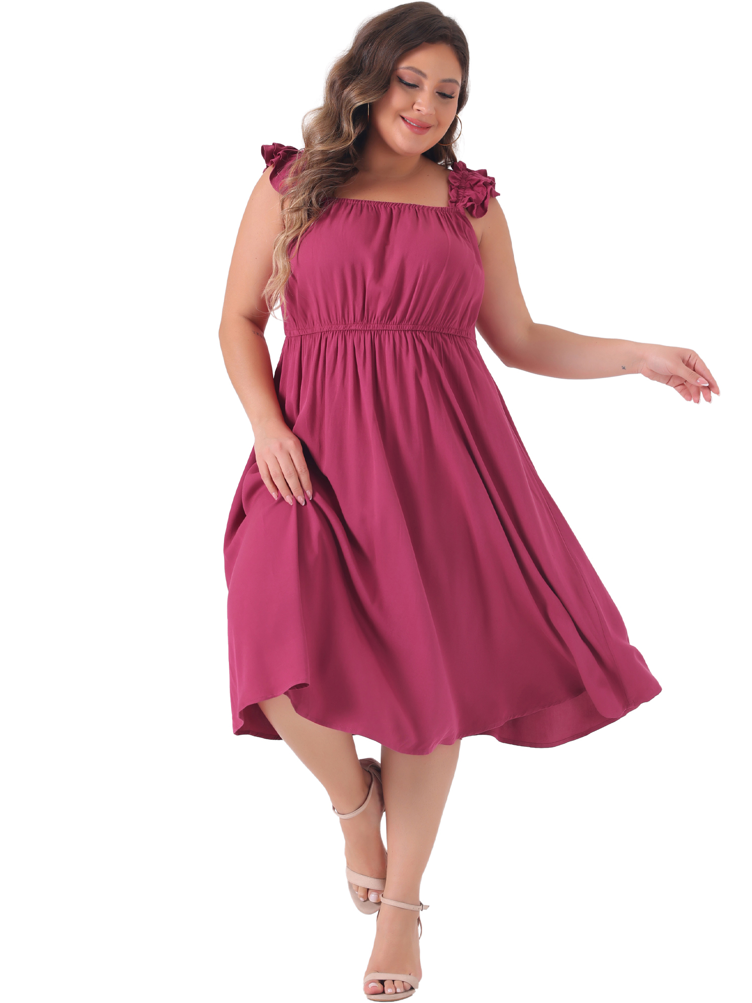 DARING DIVA Plus Size Ruffle Cap Sleeve Shirred Waist A Line Dress 3X Hot Pink