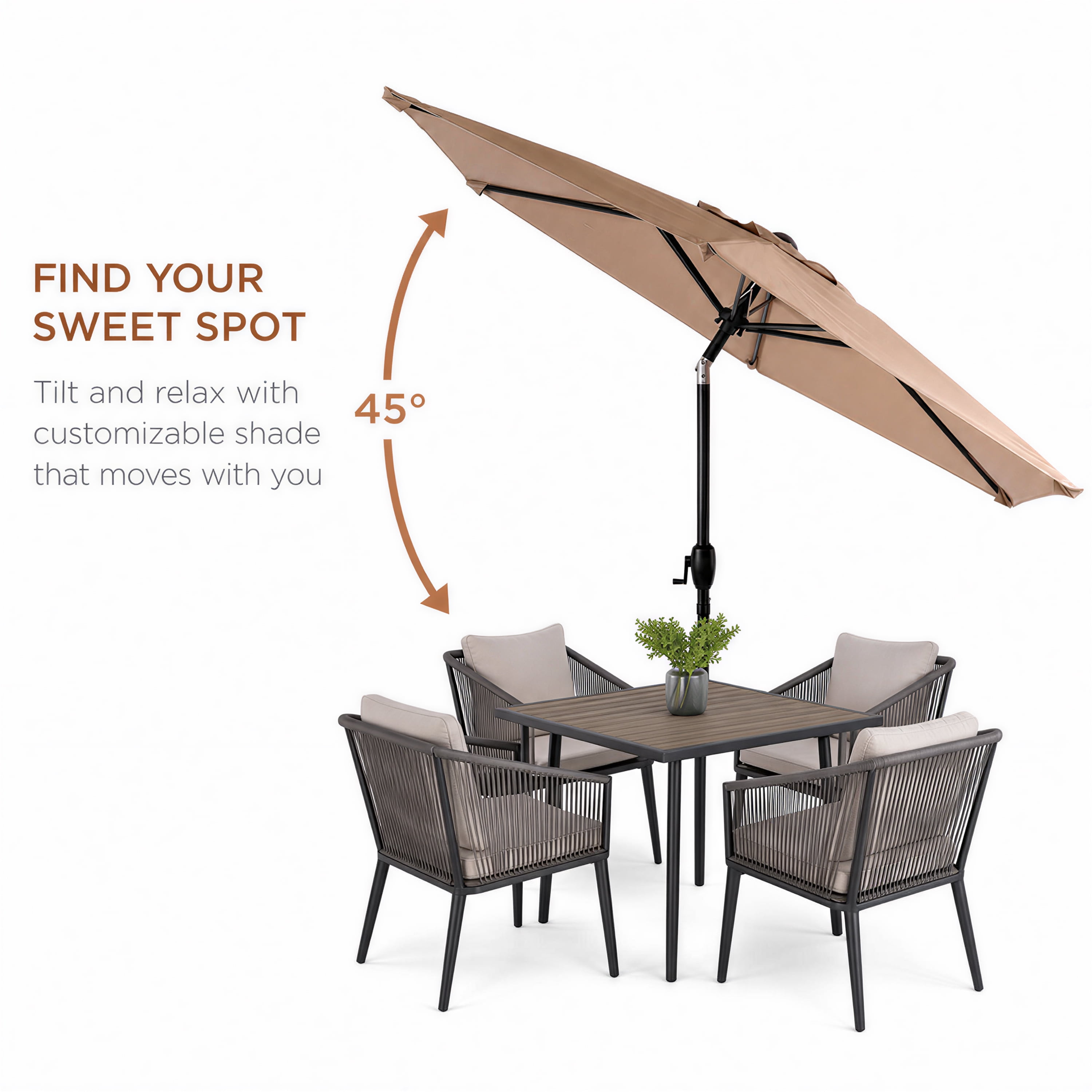 10FT Brown Outdoor Patio Market Umbrella with Crank & Push Button 45° Tilt, 6-Rib Iron Pole PA Waterproof Polyester Canopy for Garden Deck Pool Backyard, Base Not Included