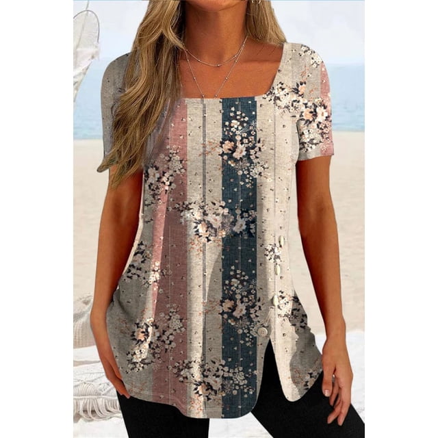 RWJDXD WUJS Chemises Décontractées pour Femmes Grande Taille à Imprimé Floral en Chiffon à Volants Manches Courtes Ourlet Asymétrique en Couches Col Rond Haut Quotidien pour Navetteur