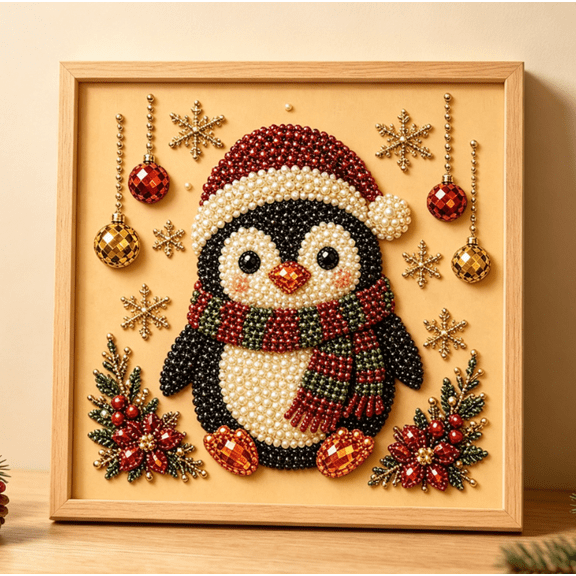 DIY Christmas Pearl Diamond Painting Art Kit with Frame, 3D Pearl Art Craft Kits for Adults Beginner, Holiday Gemstone Diamond Dots Beads for Home Wall Decor, Stress Relieving(Penguin)