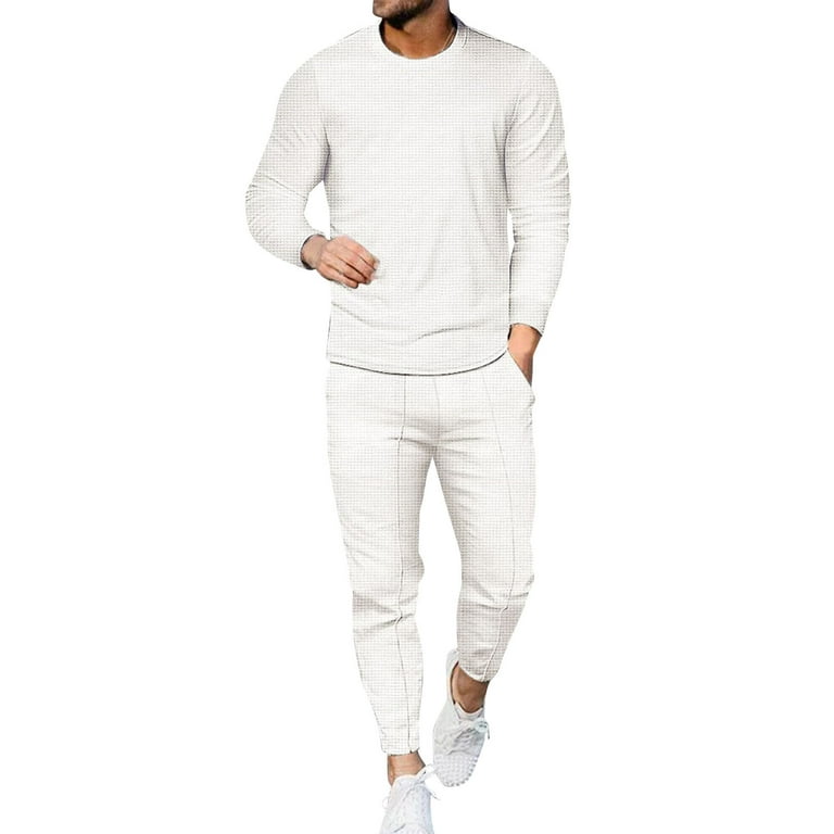 White Suit Male Autumn Winter Casual Plaid Two Piece Crew Neck T Shirt Long  Sleeve Pocket Pants Set