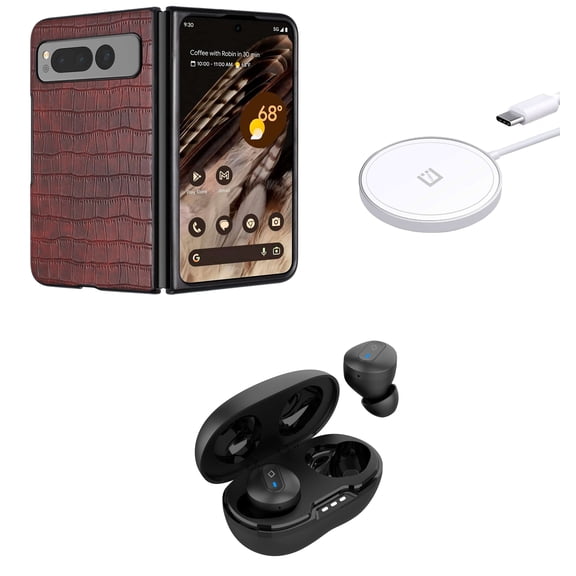 Premium Accessories for Google Pixel Fold - PU Leather Snap-On Phone Case (Brown), TWS Earbuds with Charging Case, 15W Magnetic Fast Charging Wireless Charger