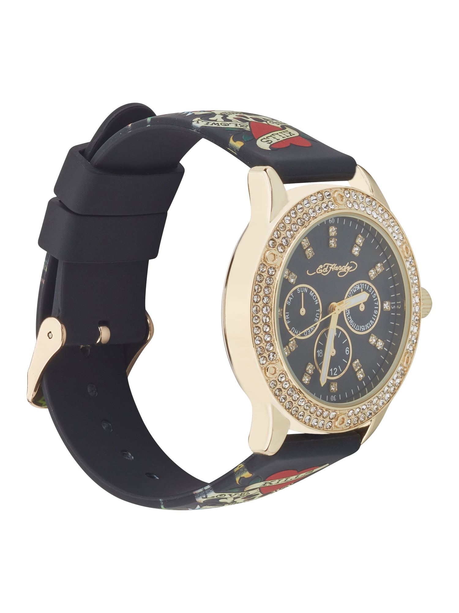 Ed Hardy Ladies Black Silicone Strap Matte Black Analogue 38mm Watch with 1mm Crystal Stones Pave Bezel Walmart