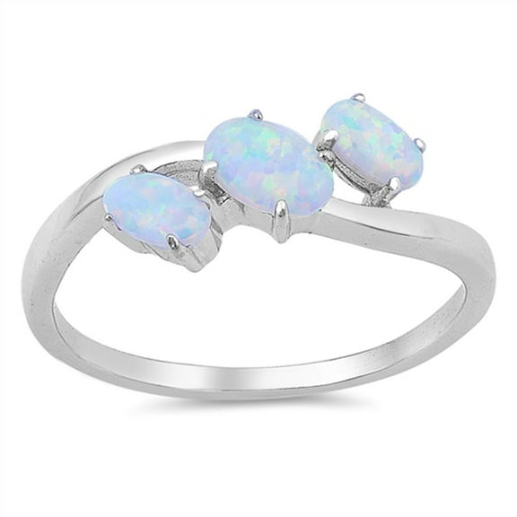 CHOOSE YOUR COLOR Triple Oval White Simulated Opal Ring .925 Sterling Silver Band CZ Female Size 4