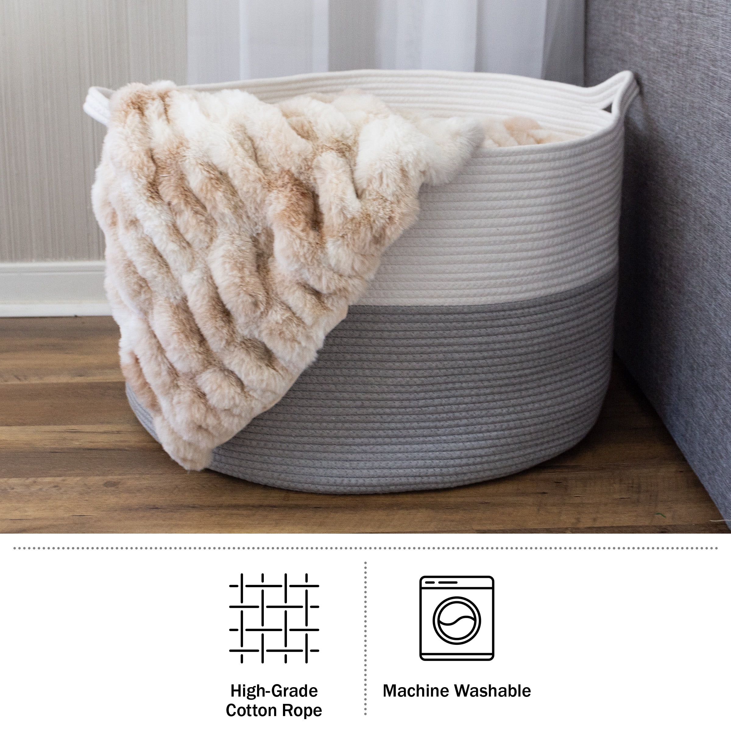 Tall Laundry Basket & Blanket Basket Set - Cotton Storage Baskets In White, Cadet Blue & Navy