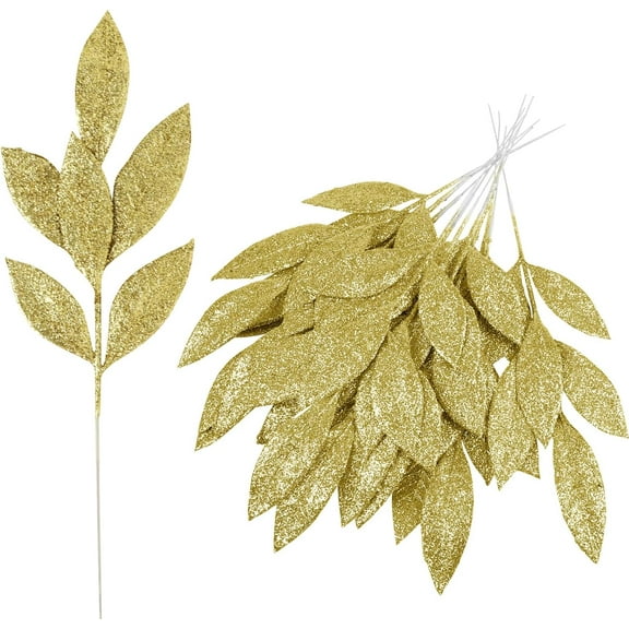 20 Pack Artificial Glitter Leaves,13" Christmas Picks, Decorative Glitter Sticks for Vase DIY Wreath Crafts Fireplace Decor, Gold