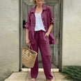 thumbnail image 2 of Caywon Women Solid Color Casual Loose Linen Shirt and Pants Set Breathable Summer Comfortable Matching Outfit Red2# S, 2 of 5