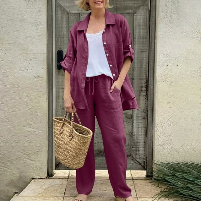 Soki Women 2 Piece Linen Sets Button Down Shirt and Drawstring Long Pants Set Summer Outfits