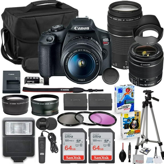 Canon EOS Rebel T7 DSLR Camera with 18-55mm & 75-300mm Lens Bundle with Extra Canon Battery   2X 64GB Memory Cards   Accessory Kit Including Bag, Flash, Aux Lenses, Software & More