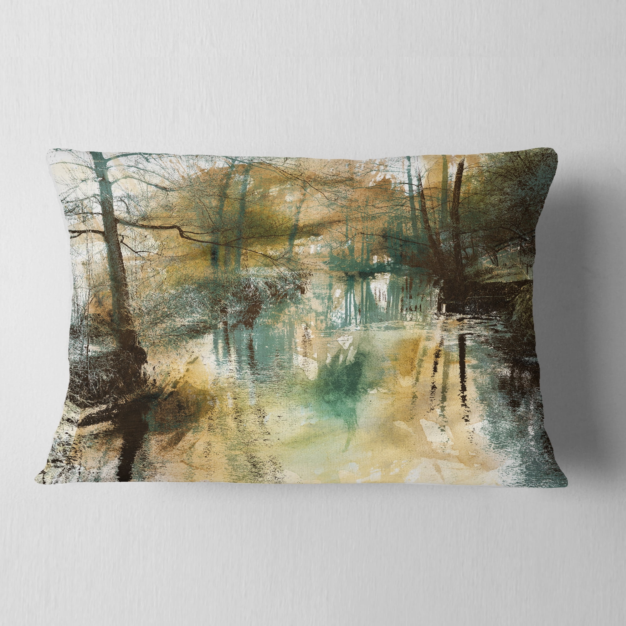 Designart River and Trees Oil Painting - Landscape Painting Throw Pillow - 12x20