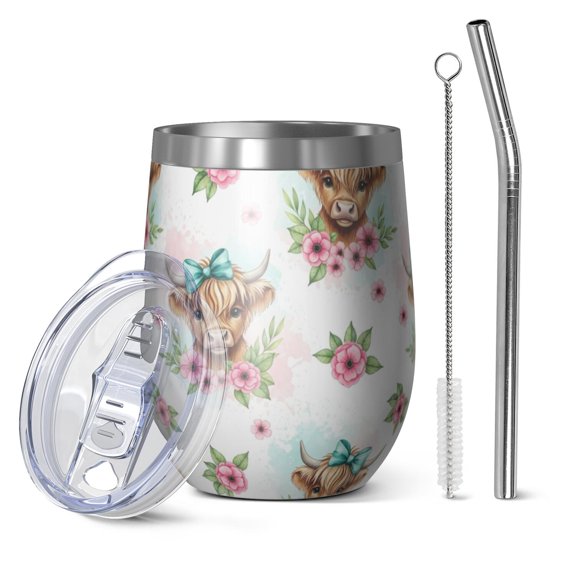 12oz Stemless Wine Tumblers White Highland Cow Flower Bow Pattern Vacuum Insulated Stainless Steel Travel Tumbler Cups Mug with Lid and Straw for Champaign,Cocktail,Beer with Cleaning Brush