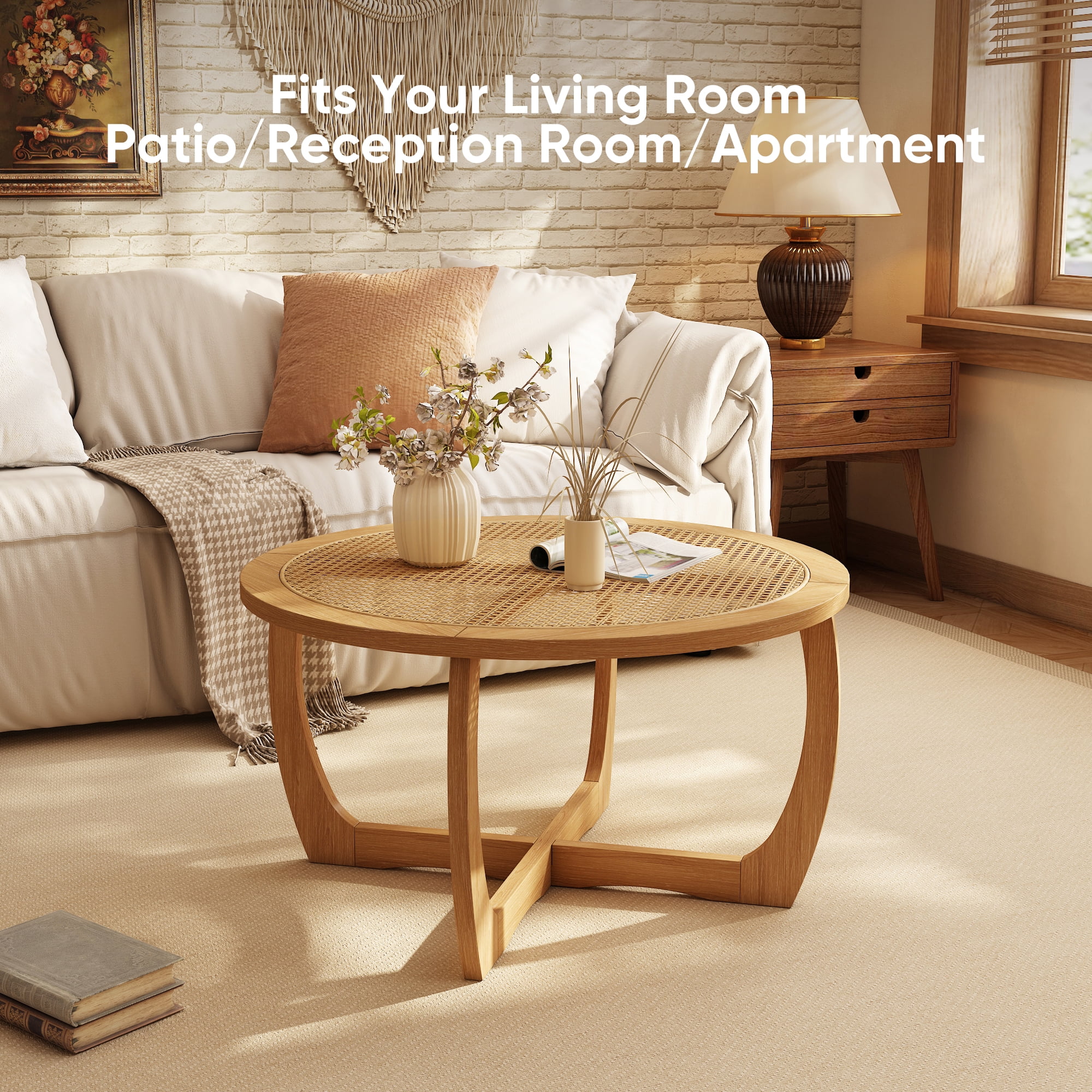 Round Wood Coffee Table with Handmade Rattan Top, Solid Circle Wooden Center Table with Curved Legs, Farmhouse Cocktail Table for Living Room, Light Brown 32.28" x 18"
