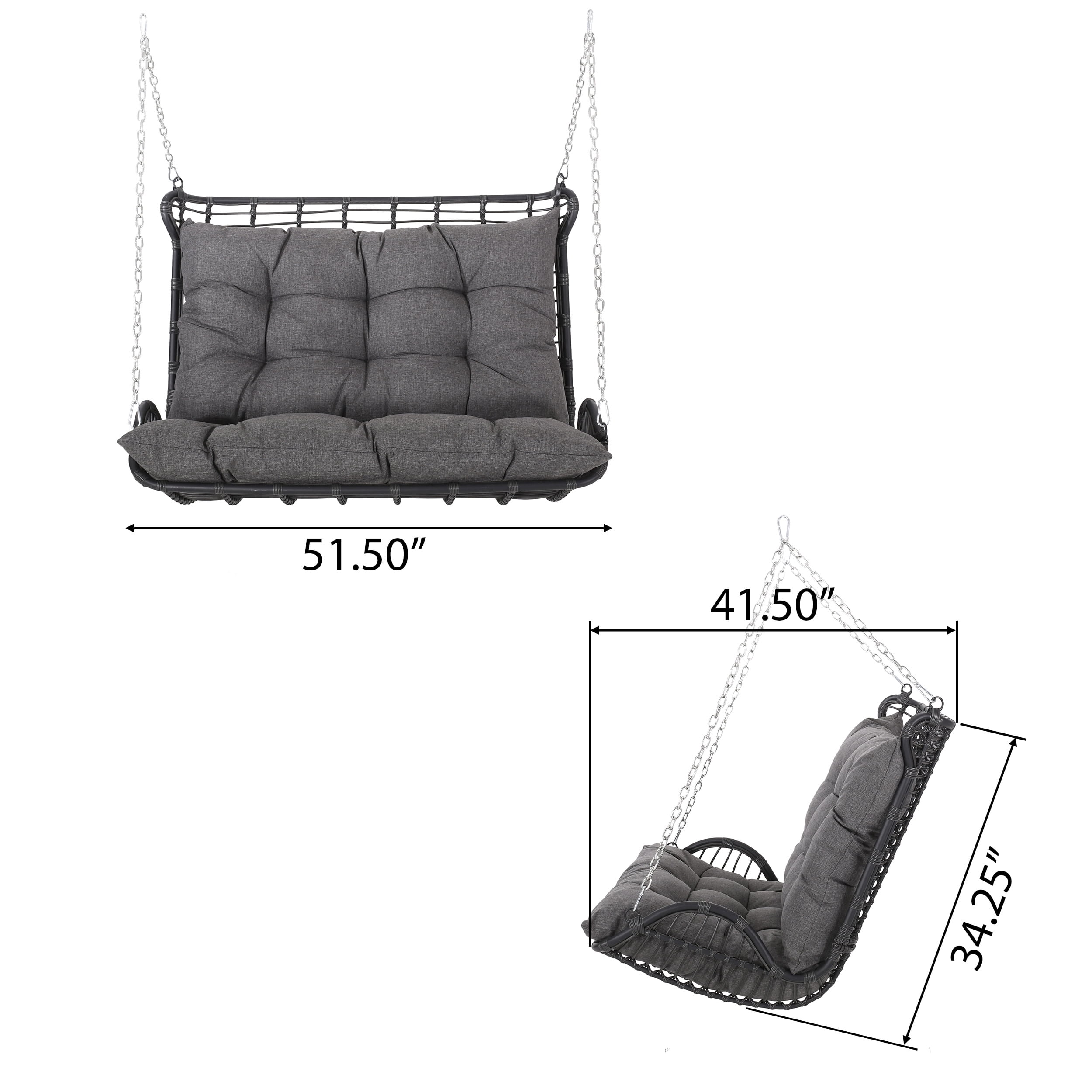 Hurlbut Wicker Outdoor Porch Swing with Cushions, Gray and Dark Gray