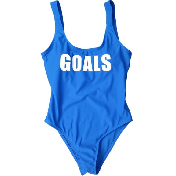 Womens Bright Blue White Print Goals Script One Piece Swimming Suit