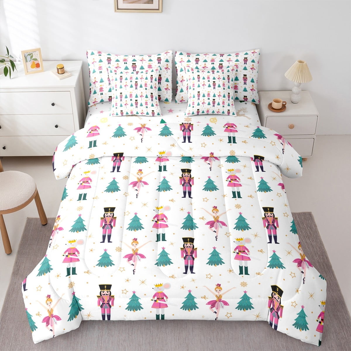 Feelyou Christmas Nutcracker Bedding Comforter Set 7 Pieces for Kid Dreamy Princess Fairy Full Bedding Set Kawaii Rat Guard Reversible Fitted Sheet Flat Sheet Lightweight Room Decor