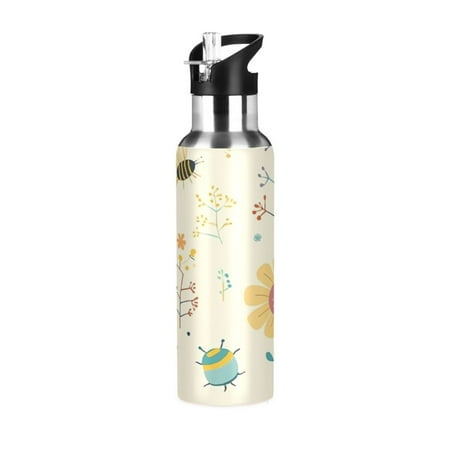 

600/1000ML Stainless Steel Sport Water Bottle with Straw Lid Leak Proof Vacuum Insulated Mug for Outdoor Activities Cycling Running & Walking Cute Flowers and Bees