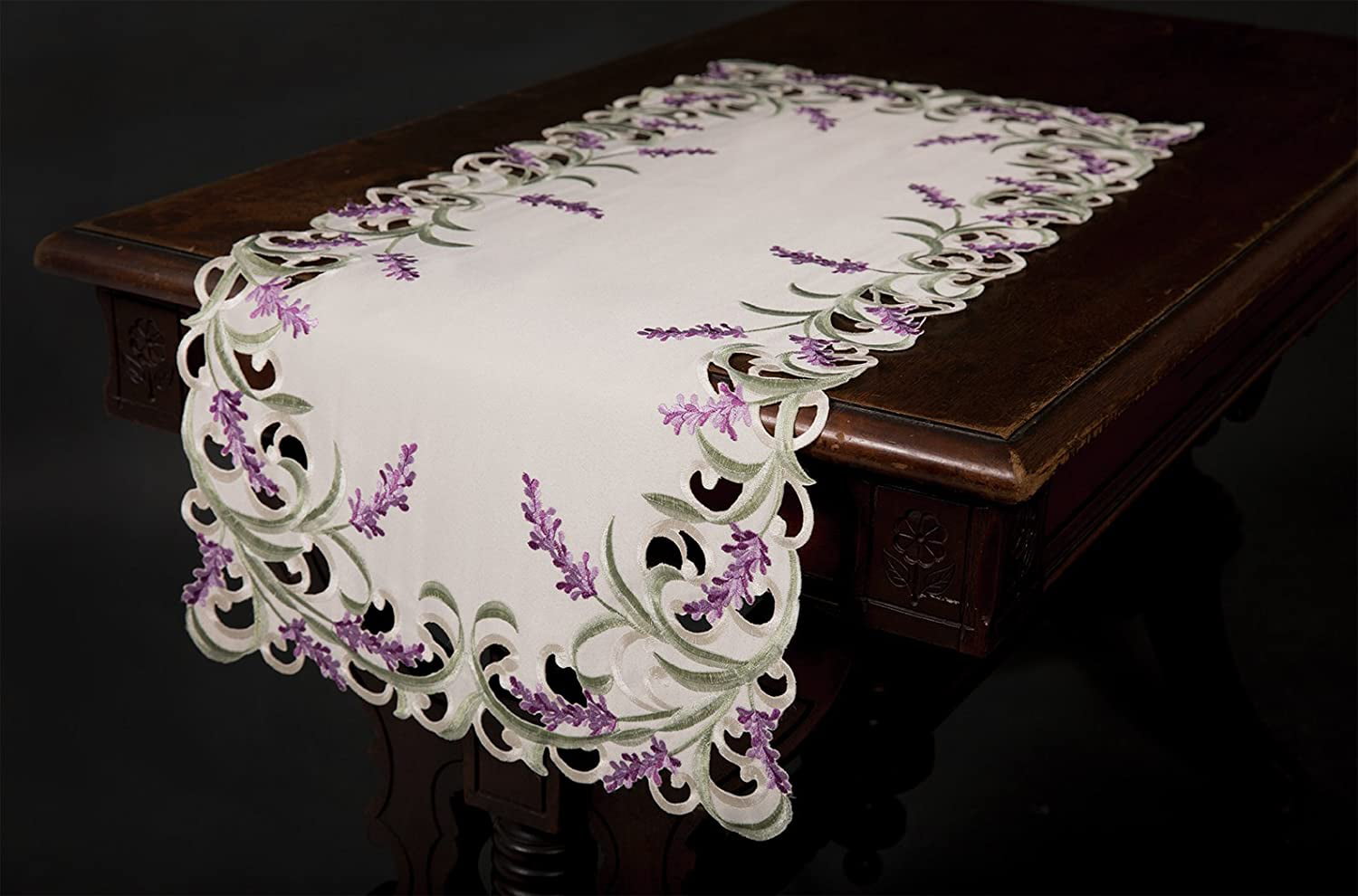 XD17107 Lavender Lace Embroidered Cutwork Table Runner, 15 by 34 