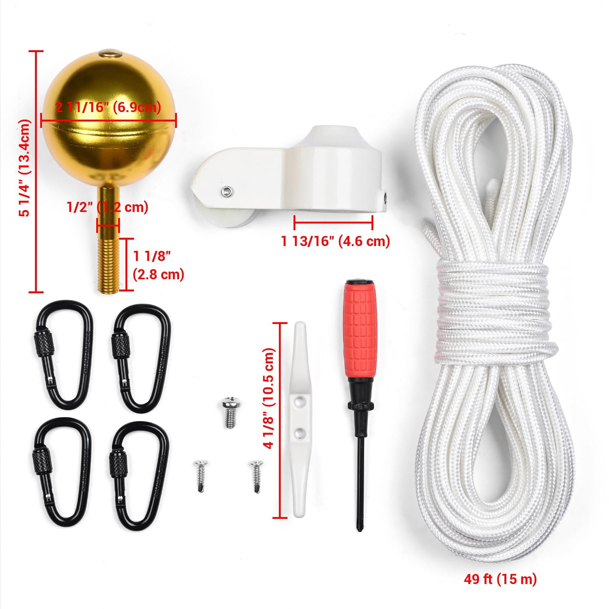 Yescom ALL Aluminum Flag Pole Hardware Repair Kit 50FT Wire Core Halyard Rope Gold Ball Topper for 20/25/30 FT Sectional Pole with 1 13/16" Dia.