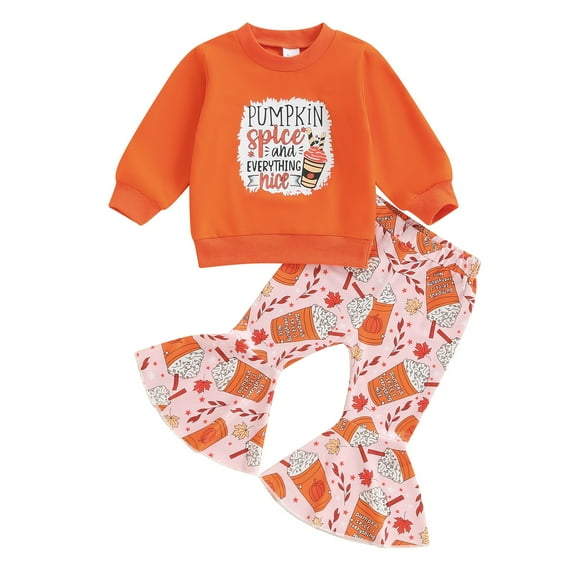 Mercatoo Toddler Baby Girl Halloween Outfit Pumpkin Long Sleeve Knit Crewneck Sweatshirt Flared Pants Set Fall Bell-Bottoms