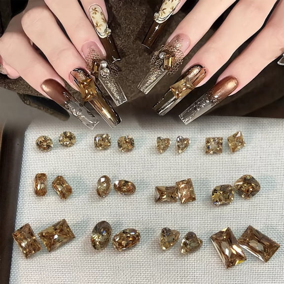 24PCS Champagne Gold Nail Art Gems 3D Crystal Rhinestones Mixed Shapes for Acrylic and Gel Nails DIY Decorations