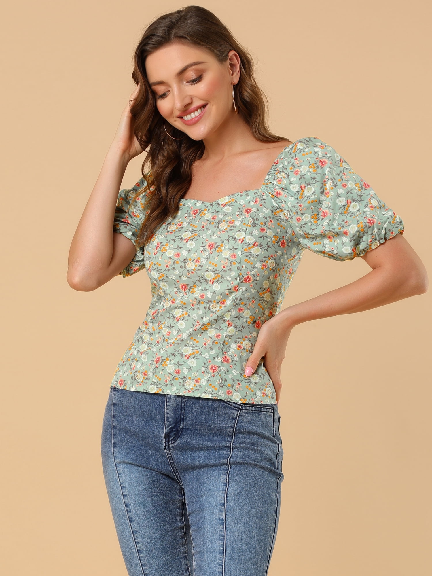 DARING DIVA Puff Sleeve Sweetheart Neck Smocked Floral Top XL Green