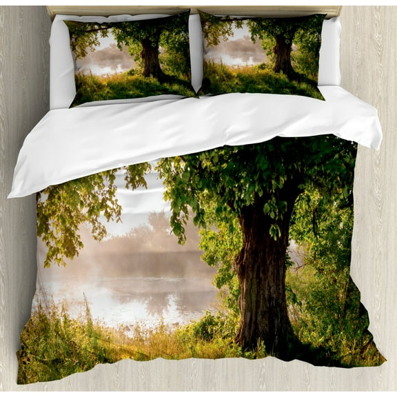 Tree Duvet Cover Set King Size, Ancient Tree Leafage in Mystical Landscape Foggy Scenery and Stream View Print, Decorative 3 Piece Bedding Set with 2 Pillow Shams, Green Dust Brown, by Ambesonne
