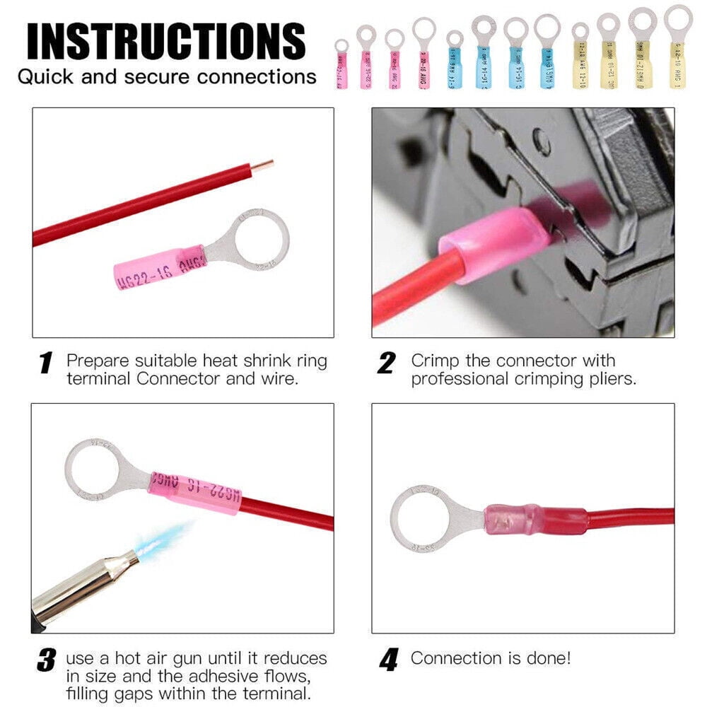300pcs Waterproof 22-10AWG Heat Shrink Wire Connectors Crimp Ring Terminals Kit