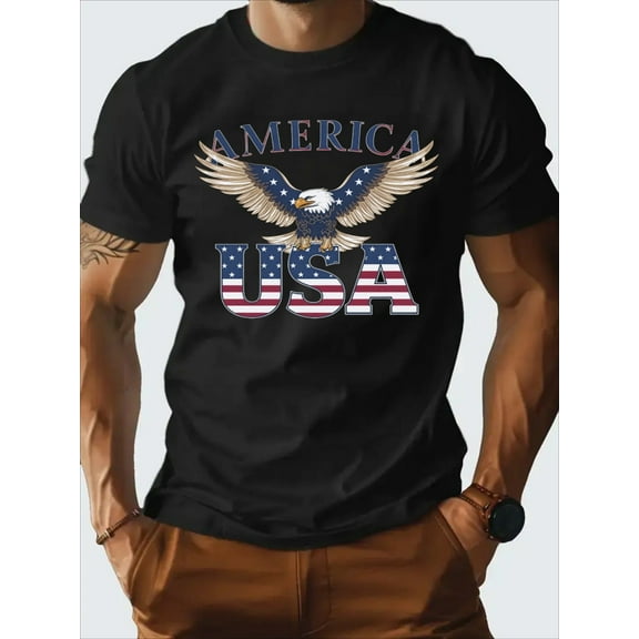 Men's 100% Cotton USA Eagle Graphic T-Shirt - Patriotic White Short Sleeve Tee with American Flag Design, Comfortable Casual Summer Wear for Independence Day & Everyday Patriotism