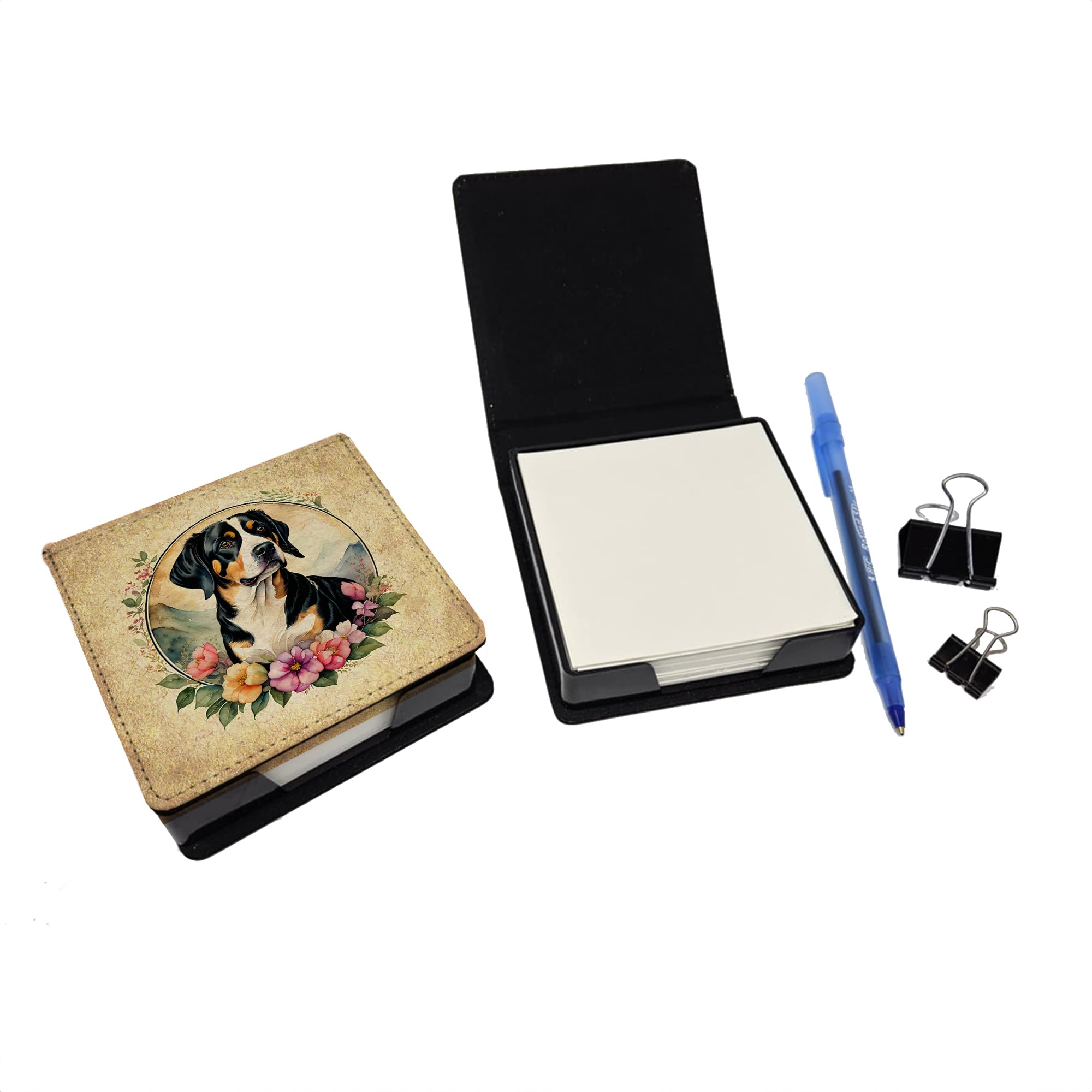 Caroline's Treasures Entlebucher Mountain Dog and Flowers PU Leather Note Paper Holder with Artist-Designed Cover, Desk Accessory, Office Gift