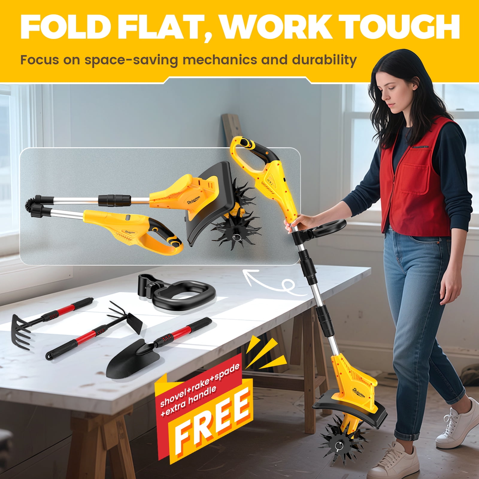 Cordless Tiller Cultivator Compatible with Dewalt 20V MAX Battery(Tool Only, Not battery), 310RPM Electric Rototiller Garden Tools with 40 Steel Tines, 9.1In Tilling Width & 6.3In Depth Tiller