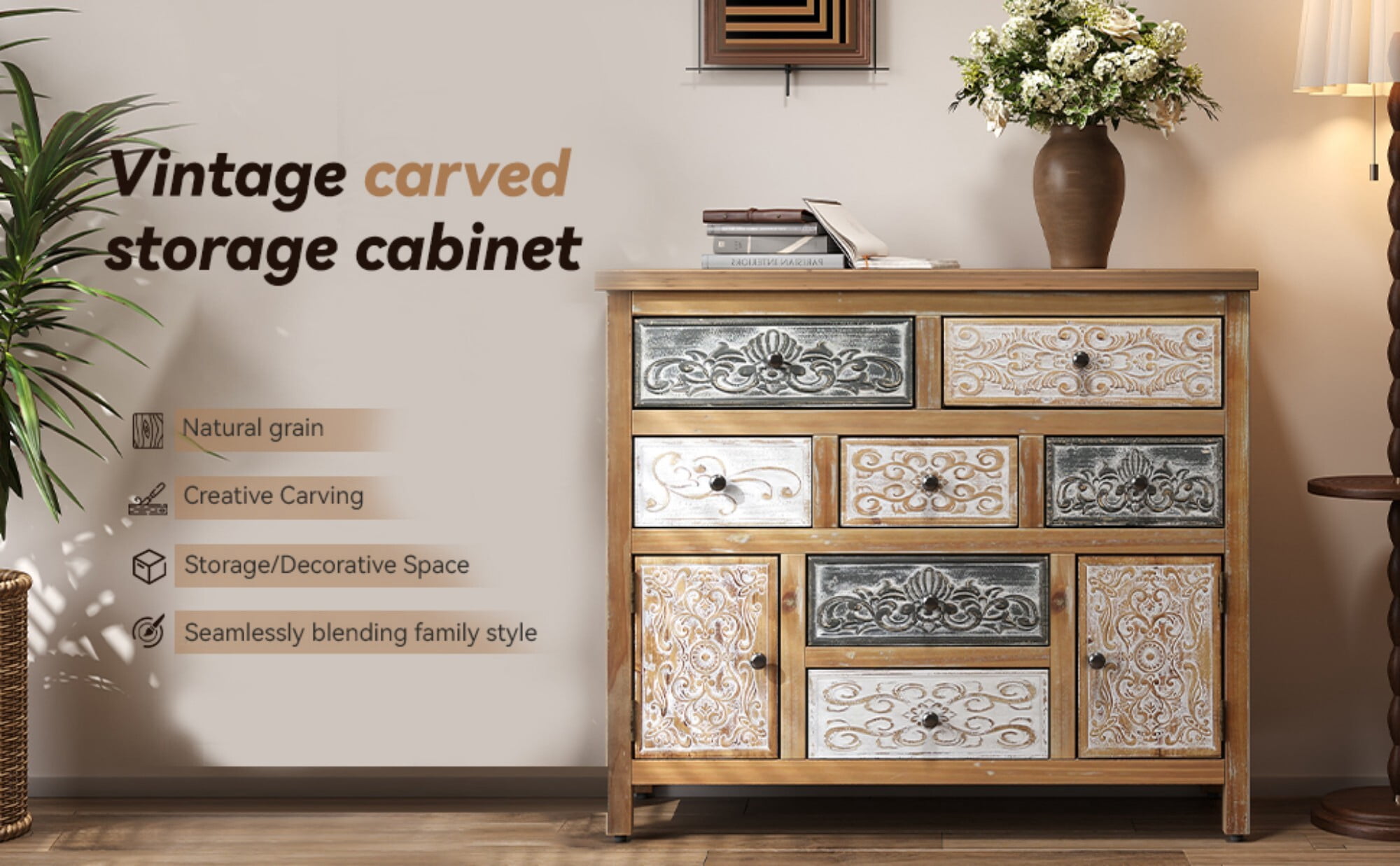 AENKYO Vintage 7-Drawer Cabinet, Bohemian Storage Dresser with Distressed Finish for Bedroom, Living Room & Entryway
