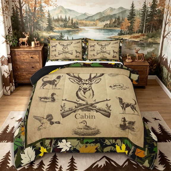 Castle Fairy Vintage Hunting Cabin Deer Full Size Comforter Sets 3-Piece for Teens,Rustic Hunting Dog Duck Bedding Comforter Set,Khaki Camo Green,Black Reversible,1 Comforter and 2 Pillowcases